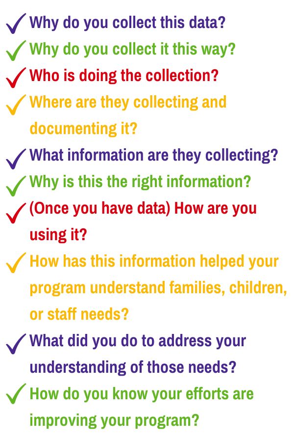 Why do you collect this data? Why do you collect it this way? Who is doing the collection? Where are they collecting and documenting it? What information are they collecting? Why is this the right information? (Once you have data) How are you using it? How has this information helped your program understand families, children, or staff needs? What did you do to address your understanding of those needs? How do you know your efforts are improving your program?